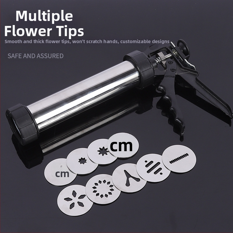 Домакински пистолет за бисквитки от неръждаема стомана, изстискващ машина за бисквитки, крем, пистолет за декориране, декорираща дюза, решени инструменти за печене на боб