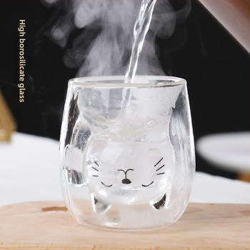 Οικιακό ποτήρι γάλακτος από υψηλό βοριοπυριτικό γυαλί, ποτήρι πρωινού, διπλής στρώσης, διαφανές ποτήρι χυμού, χαριτωμένο ποτήρι κινουμένων σχεδίων με τυχερή γάτα