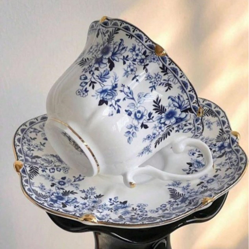Vintage zilas un baltas porcelāna kafijas tases nišas viduslaiku augstas klases mājas pēcpusdienas tējas tasīšu komplekts vairumtirdzniecībā