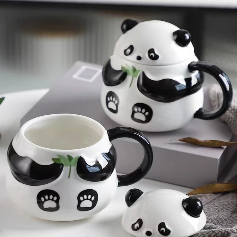 Чаша за вода Panda с капак, керамична чаша, високо изглеждаща момичешка нишова конструкция, сладка детска креативна къща