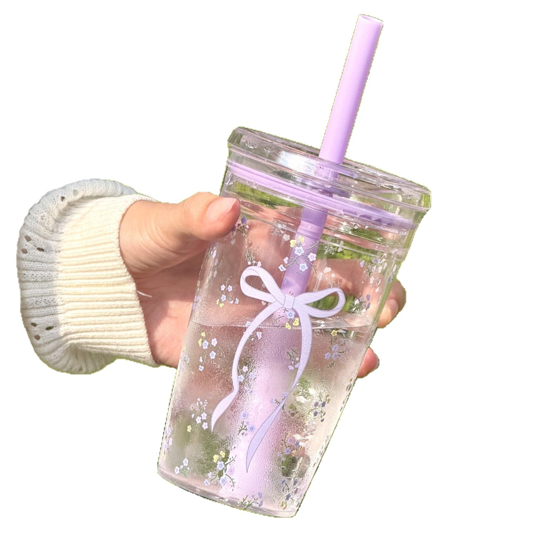 Vasaros mielas kaspinas mažas gėlių permatomas geriamasis puodelis šalto gėrimo pieno kavos puodelis poros puodelis plastikinis puodelis