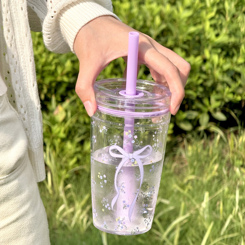 Vasaros mielas kaspinas mažas gėlių permatomas geriamasis puodelis šalto gėrimo pieno kavos puodelis poros puodelis plastikinis puodelis