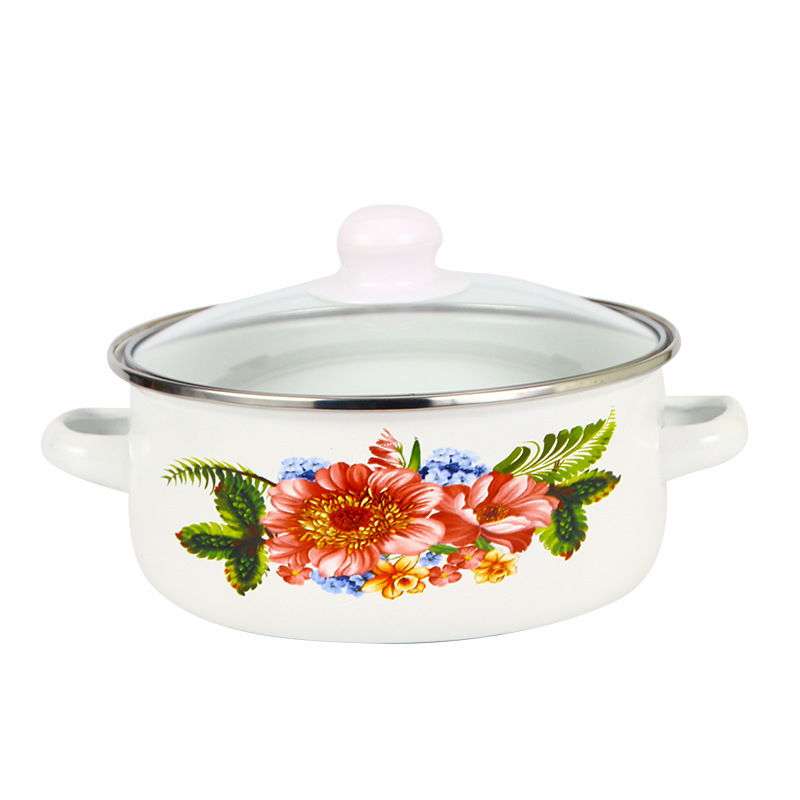 Gyári nagykereskedelmi binaurális zománcozott levesesfazék 16 18 20 cm-es üvegfedeles zománcozott zománcozott fazék 671DG spray