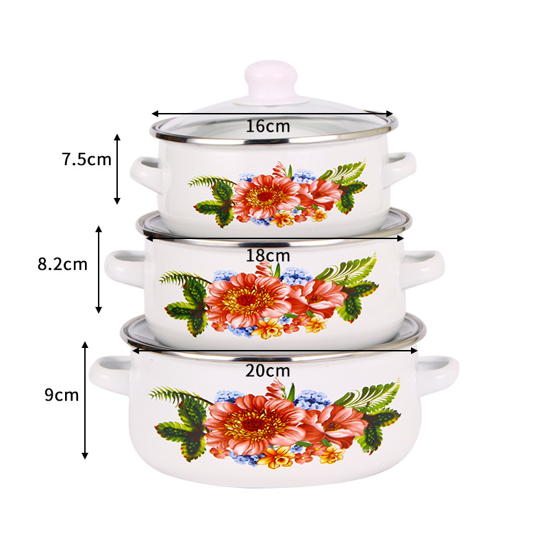 Gyári nagykereskedelmi binaurális zománcozott levesesfazék 16 18 20 cm-es üvegfedeles zománcozott zománcozott fazék 671DG spray