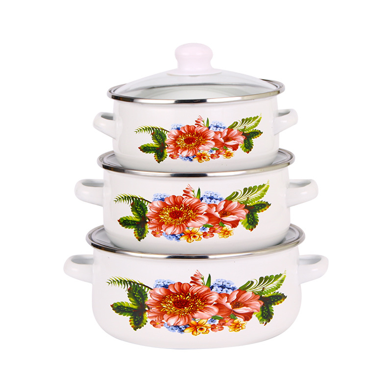 Gyári nagykereskedelmi binaurális zománcozott levesesfazék 16 18 20 cm-es üvegfedeles zománcozott zománcozott fazék 671DG spray