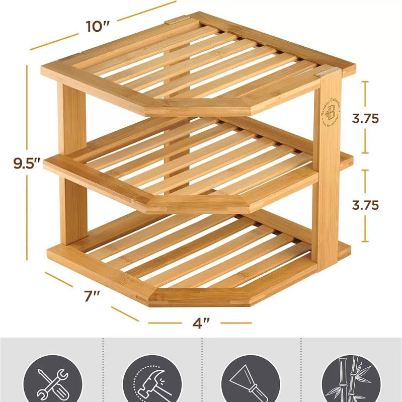 Bambusz tárolóállvány otthoni használatra, Többrétegű asztali szervező tálakhoz és tányérokhoz, Tömörfa fűszertartó, Konyhai szervező, Egyéb tárgyak állványa, Otthoni használatra