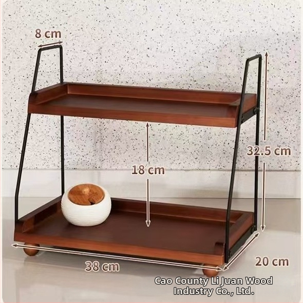 Fa asztali tárolóállvány Retro kétrétegű tárolóállvány Vasfa kávétároló állomás Teaszoba tömörfa tárolóállvány