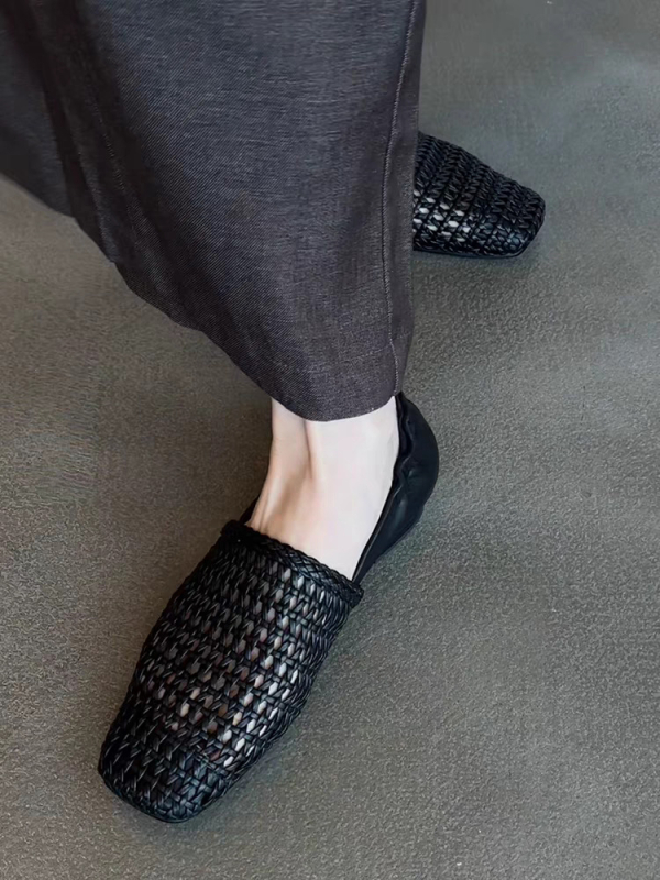 Niche Vintage szőtt üreges, lélegző, táska alakú, sarkú cipő női 2025-ös, négyzet alakú fejű, bebújós, minden mérkőzésre alkalmas, lapos talpú cipők