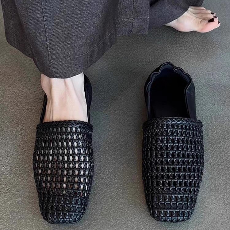 Niche Vintage szőtt üreges, lélegző, táska alakú, sarkú cipő női 2025-ös, négyzet alakú fejű, bebújós, minden mérkőzésre alkalmas, lapos talpú cipők