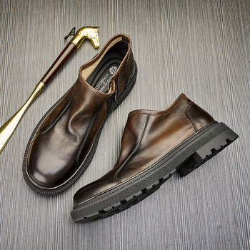 Vyriški aulinukai iš natūralios odos, retro stiliaus, odiniai aulinukai iš karvės odos, vidutinio aukščio, madingi, trumpi aulinukai, rudeniniai, apvaliais pirštais, užtrauktuku užsegami, Martino aulinukai