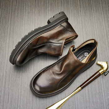 Vyriški aulinukai iš natūralios odos, retro stiliaus, odiniai aulinukai iš karvės odos, vidutinio aukščio, madingi, trumpi aulinukai, rudeniniai, apvaliais pirštais, užtrauktuku užsegami, Martino aulinukai