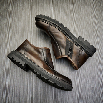 Vyriški aulinukai iš natūralios odos, retro stiliaus, odiniai aulinukai iš karvės odos, vidutinio aukščio, madingi, trumpi aulinukai, rudeniniai, apvaliais pirštais, užtrauktuku užsegami, Martino aulinukai