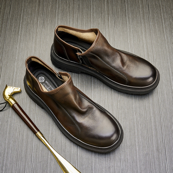 Vyriški aulinukai iš natūralios odos, retro stiliaus, odiniai aulinukai iš karvės odos, vidutinio aukščio, madingi, trumpi aulinukai, rudeniniai, apvaliais pirštais, užtrauktuku užsegami, Martino aulinukai