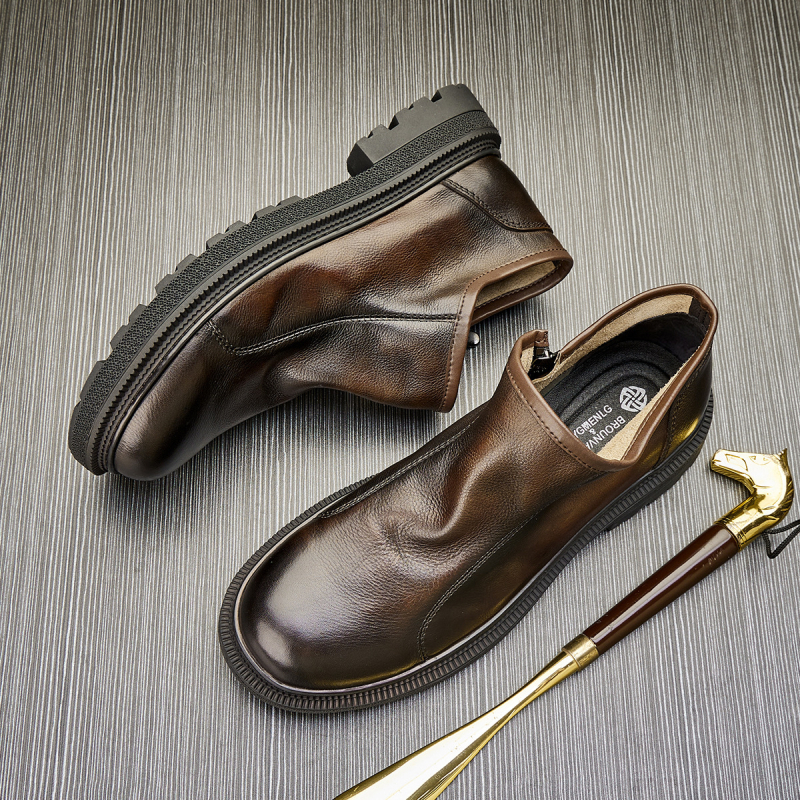 Vyriški aulinukai iš natūralios odos, retro stiliaus, odiniai aulinukai iš karvės odos, vidutinio aukščio, madingi, trumpi aulinukai, rudeniniai, apvaliais pirštais, užtrauktuku užsegami, Martino aulinukai