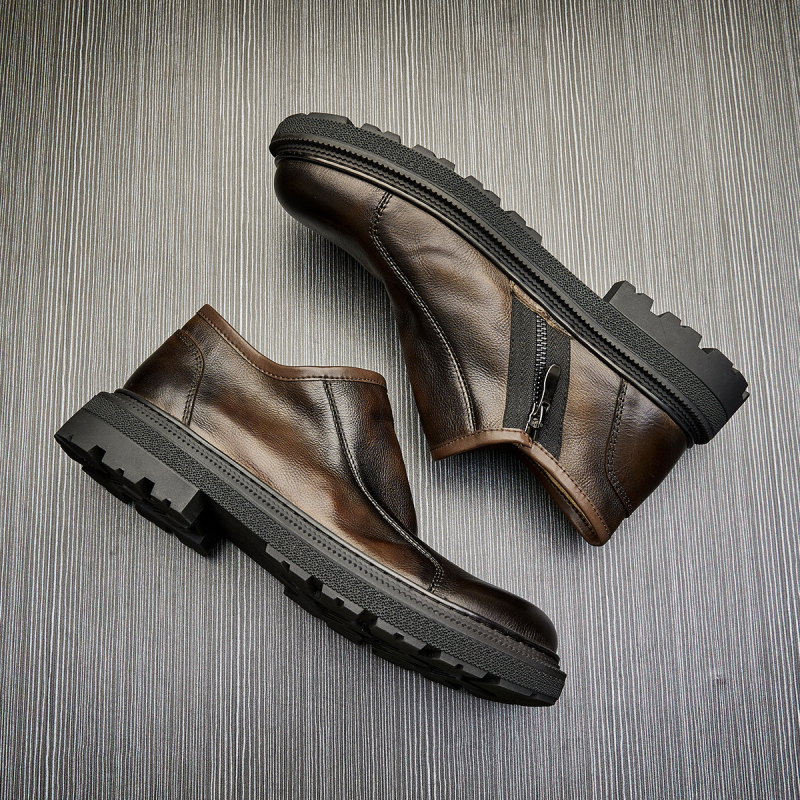 Vyriški aulinukai iš natūralios odos, retro stiliaus, odiniai aulinukai iš karvės odos, vidutinio aukščio, madingi, trumpi aulinukai, rudeniniai, apvaliais pirštais, užtrauktuku užsegami, Martino aulinukai