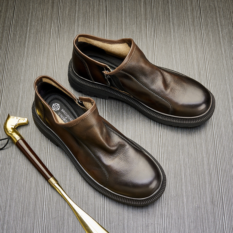 Vyriški aulinukai iš natūralios odos, retro stiliaus, odiniai aulinukai iš karvės odos, vidutinio aukščio, madingi, trumpi aulinukai, rudeniniai, apvaliais pirštais, užtrauktuku užsegami, Martino aulinukai