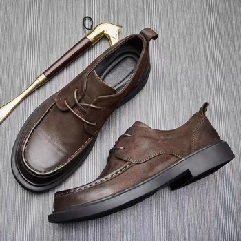 Első rétegű marhabőr velúr valódi bőr férfi hétköznapi bőrcipő, őszi lélegző fűzős, kerek orrú üzleti formális puha bőr puha talp