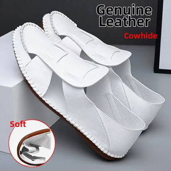 Új kínai stílusú férfi valódi bőr szandál, lélegző, fehér, divatos, sokoldalú római szandál gumitalppal