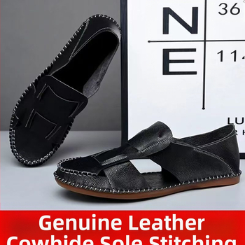 Új kínai stílusú férfi valódi bőr szandál, lélegző, fehér, divatos, sokoldalú római szandál gumitalppal