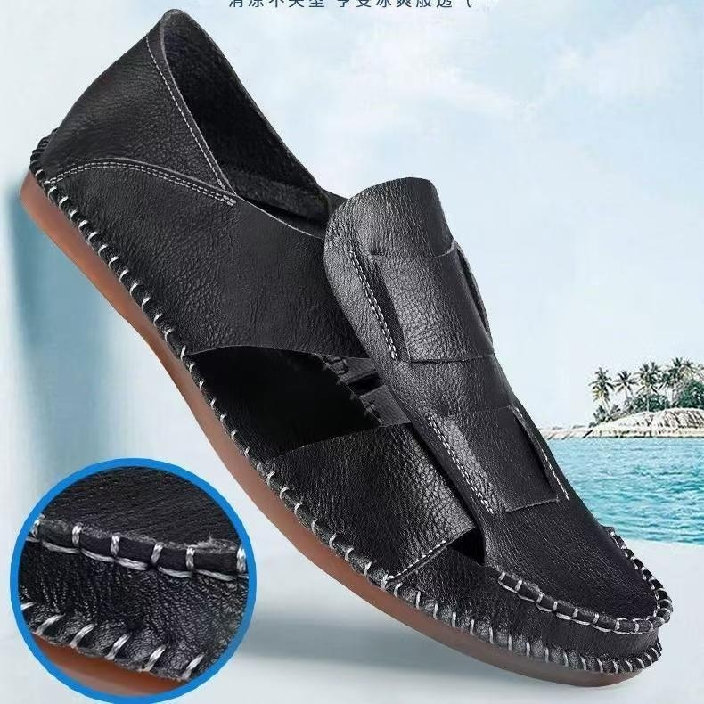 Új kínai stílusú férfi valódi bőr szandál, lélegző, fehér, divatos, sokoldalú római szandál gumitalppal