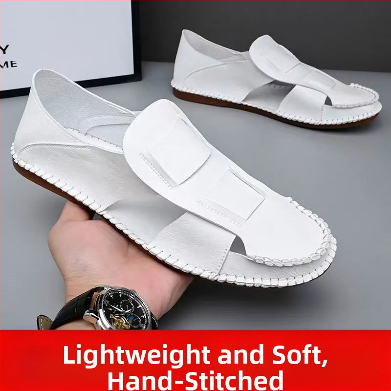 Új kínai stílusú férfi valódi bőr szandál, lélegző, fehér, divatos, sokoldalú római szandál gumitalppal