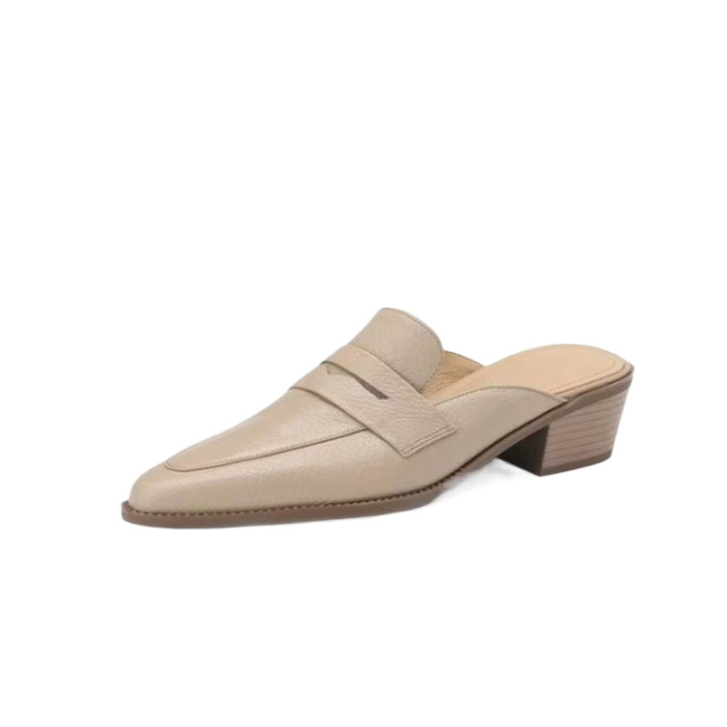 Britiško stiliaus šlepetės iki pirštų galiukų, smaili nosis, storas kulnas, tuščiavidurė nugara, minkštos odos retro stiliaus bateliai, pavasario ir vasaros naujos šlepetės