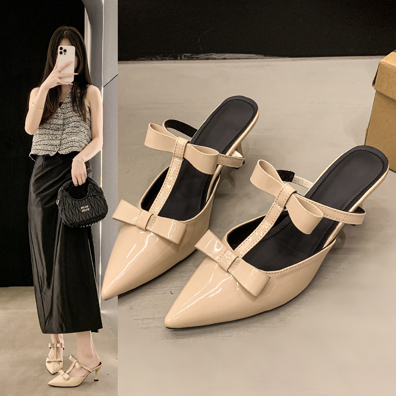 Tweed stílusú baotou félpapucs külső viseletre 2025 tavaszi és nyári új stílusú masnis tűsarkú hegyes orrú szandálok magas sarkú nőknek