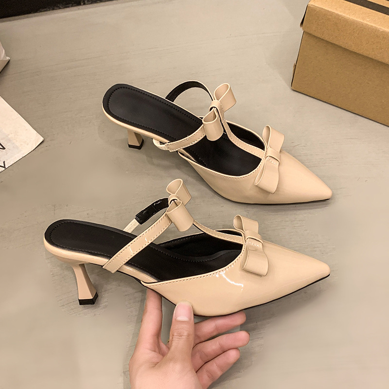 Tweed stílusú baotou félpapucs külső viseletre 2025 tavaszi és nyári új stílusú masnis tűsarkú hegyes orrú szandálok magas sarkú nőknek