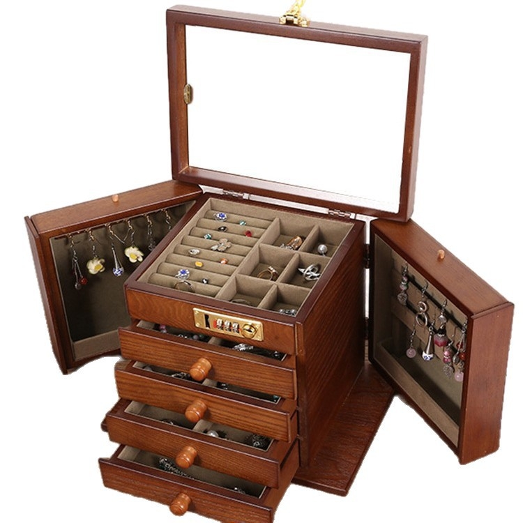 Slaptažodžiu užrakinami auskarai, auskarai, karoliai, laikymo dėžutė, didelės talpos papuošalų dėžutė, paprasta retro organizavimo dėžutė, medinė