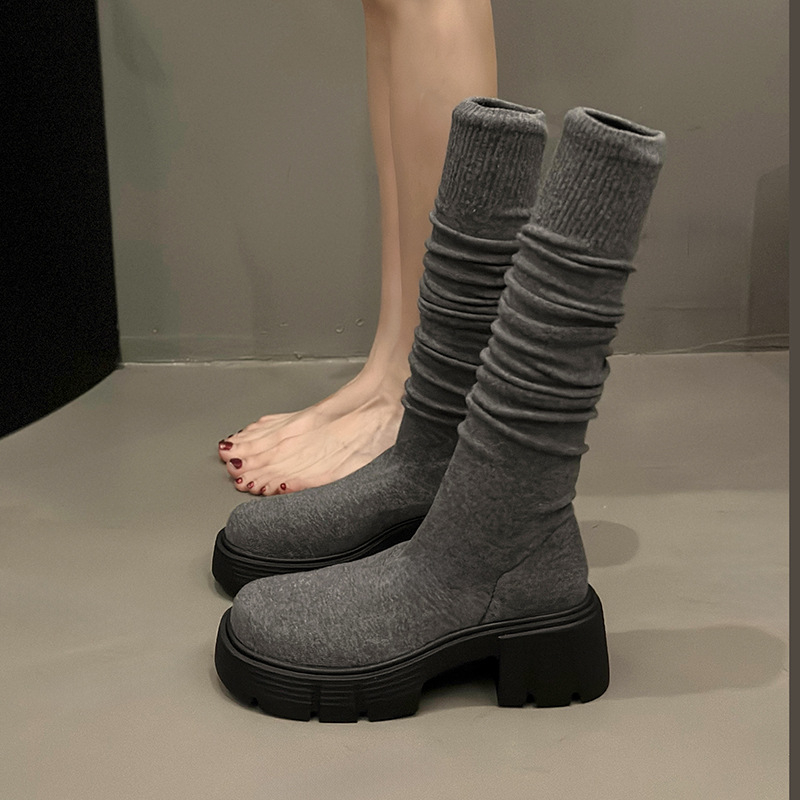 Cizme de damă cu toc gros, stil coreean, 2024, stil nou, stil coreean, stil stretch, skinny, peste genunchi, toamna și iarna, cizme de damă cu toc gros și fund gros
