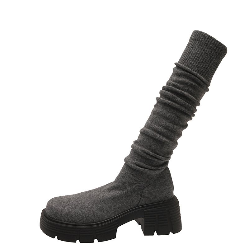 Cizme de damă cu toc gros, stil coreean, 2024, stil nou, stil coreean, stil stretch, skinny, peste genunchi, toamna și iarna, cizme de damă cu toc gros și fund gros