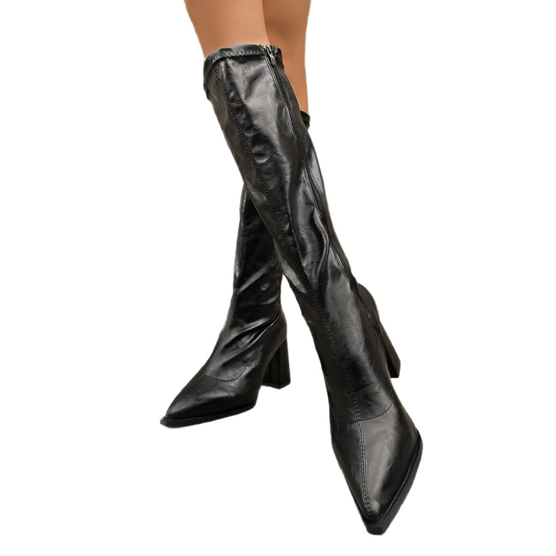 Őszi és téli új stílusú oldalsó cipzáras térdig érő csizma koreai stílusú divatos vastag sarok hegyes orrú lovagcsizma vékony csizma nőknek