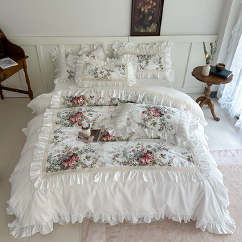Retro Rose fodros ágyszoknya, négyrészes szett, francia lányka stílusú hercegnős ágyneműhuzat, négyrészes, tiszta pamut