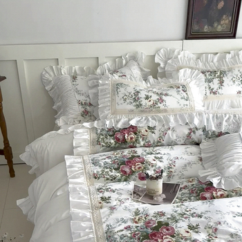 Retro Rose fodros ágyszoknya, négyrészes szett, francia lányka stílusú hercegnős ágyneműhuzat, négyrészes, tiszta pamut