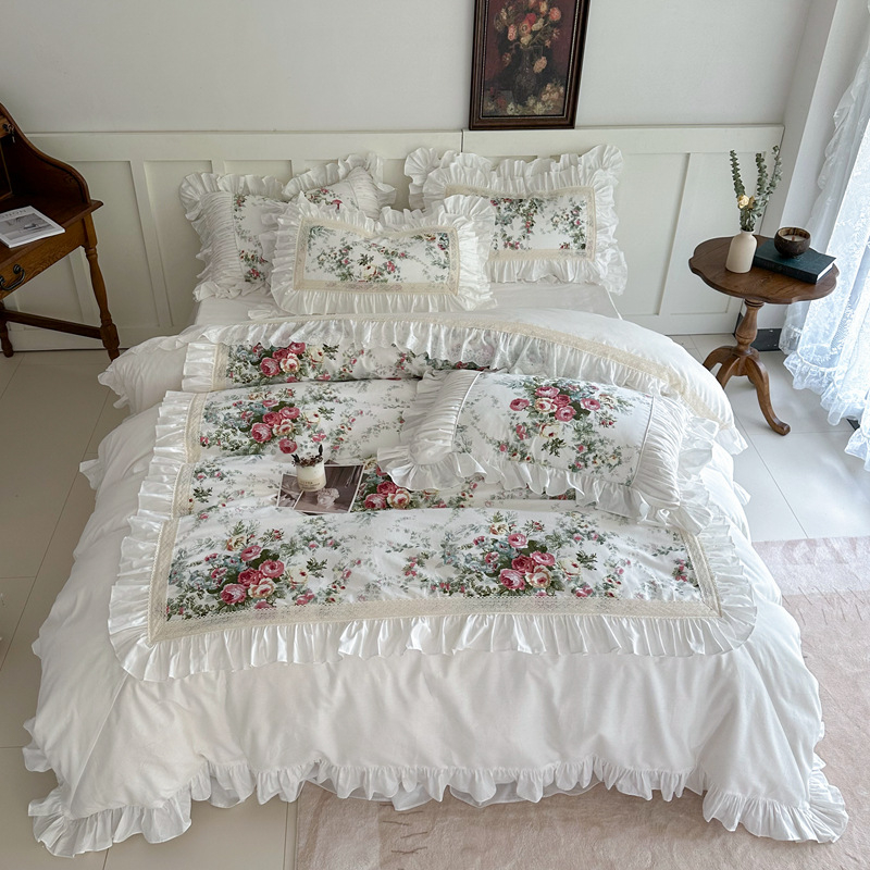 Retro Rose volānu gultas svārku četrdaļīgs komplekts franču meitenes princeses stila gultasveļas pārvalks, četrdaļīgs tīras kokvilnas audums