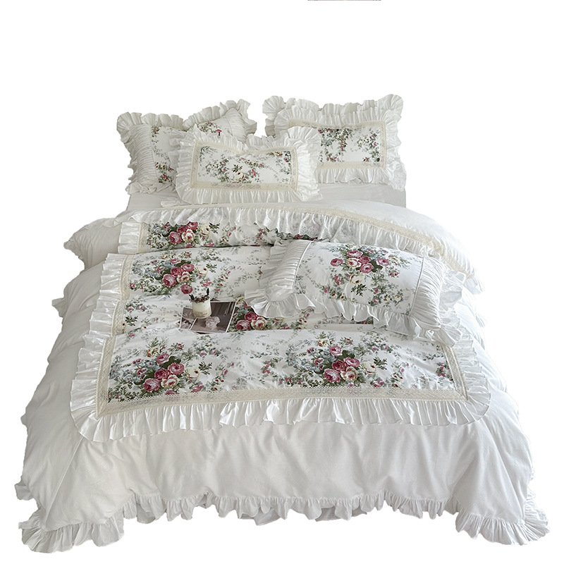 Retro Rose fodros ágyszoknya, négyrészes szett, francia lányka stílusú hercegnős ágyneműhuzat, négyrészes, tiszta pamut