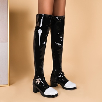 2021 őszi és téli új női Chanel stílusú vastag sarkú, térdig érő csizma, mindenhez illő klasszikus divatos pu csizma, alacsony sarok, oldalsó cipzár