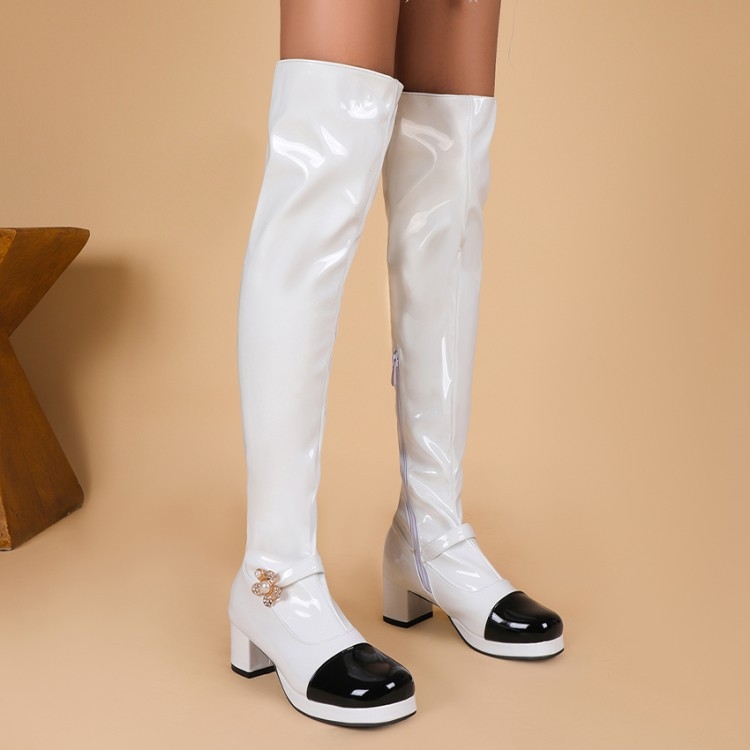 2021 őszi és téli új női Chanel stílusú vastag sarkú, térdig érő csizma, mindenhez illő klasszikus divatos pu csizma, alacsony sarok, oldalsó cipzár