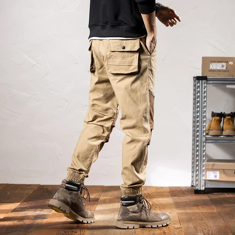 Vyriškos laisvos krovininės kelnės iki kulkšnių. Vyriškos „Harlan 2024“ rudens mados prekės ženklo japoniškos laisvalaikio ir funkcionalios ilgos kelnės, plius dydžių.