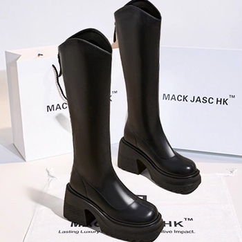 Külső viselet, egyszínű, hátsó cipzáras csizma, női 2024-es őszi és téli új divatos retró magas sarkú csizma, vastag talpú, megnövelt szárú lovas csizma