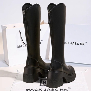 Külső viselet, egyszínű, hátsó cipzáras csizma, női 2024-es őszi és téli új divatos retró magas sarkú csizma, vastag talpú, megnövelt szárú lovas csizma