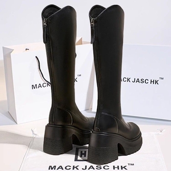 Külső viselet, egyszínű, hátsó cipzáras csizma, női 2024-es őszi és téli új divatos retró magas sarkú csizma, vastag talpú, megnövelt szárú lovas csizma