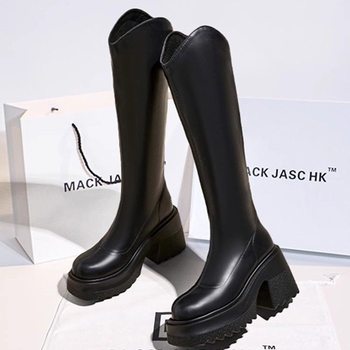 Külső viselet, egyszínű, hátsó cipzáras csizma, női 2024-es őszi és téli új divatos retró magas sarkú csizma, vastag talpú, megnövelt szárú lovas csizma