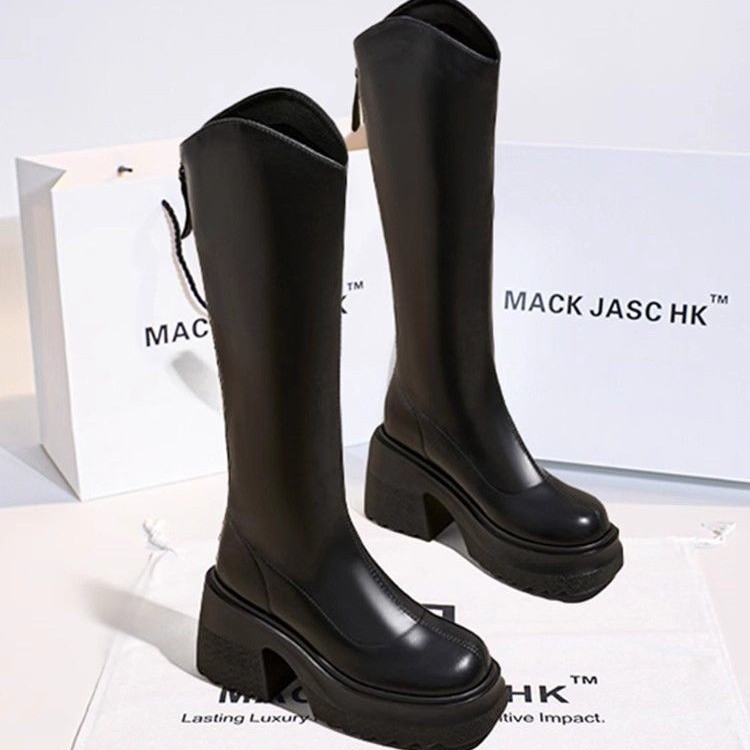 Külső viselet, egyszínű, hátsó cipzáras csizma, női 2024-es őszi és téli új divatos retró magas sarkú csizma, vastag talpú, megnövelt szárú lovas csizma