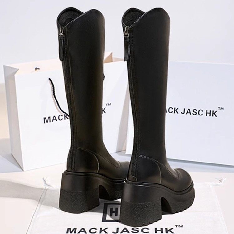 Külső viselet, egyszínű, hátsó cipzáras csizma, női 2024-es őszi és téli új divatos retró magas sarkú csizma, vastag talpú, megnövelt szárú lovas csizma