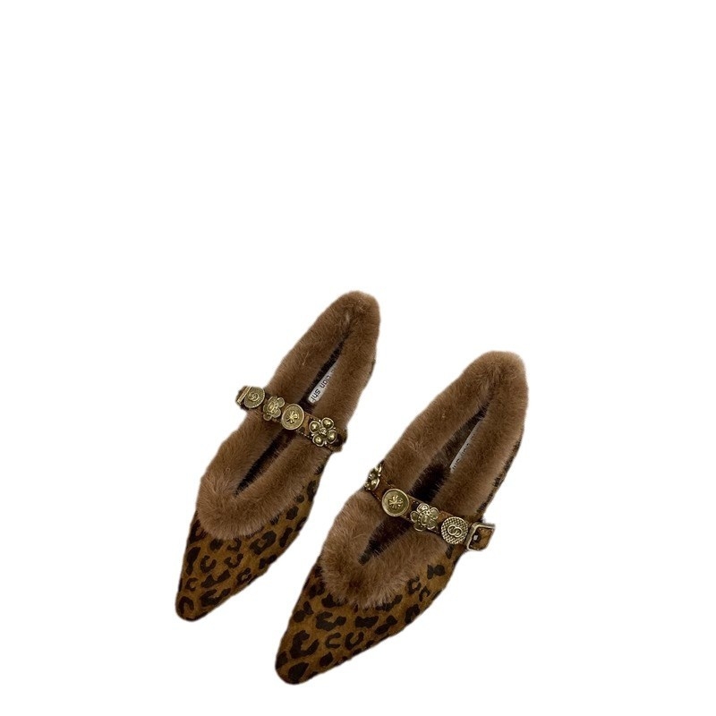 Francia leopárdmintás, hegyes sarkú, meleg divatos női cipők, 2024-es új őszi és téli külső viselet, lapos sarkú Mao Mao egyszínű cipők nagykereskedelemben