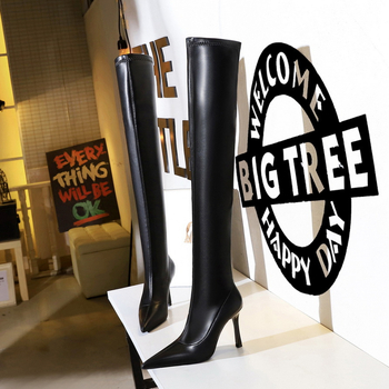 365-16 európai és amerikai stílusú téli egyszerű csizma szuper magas sarkú tűsarkú hegyes orrú szexi lábszár karcsúsító megjelenésű térdig érő csizma