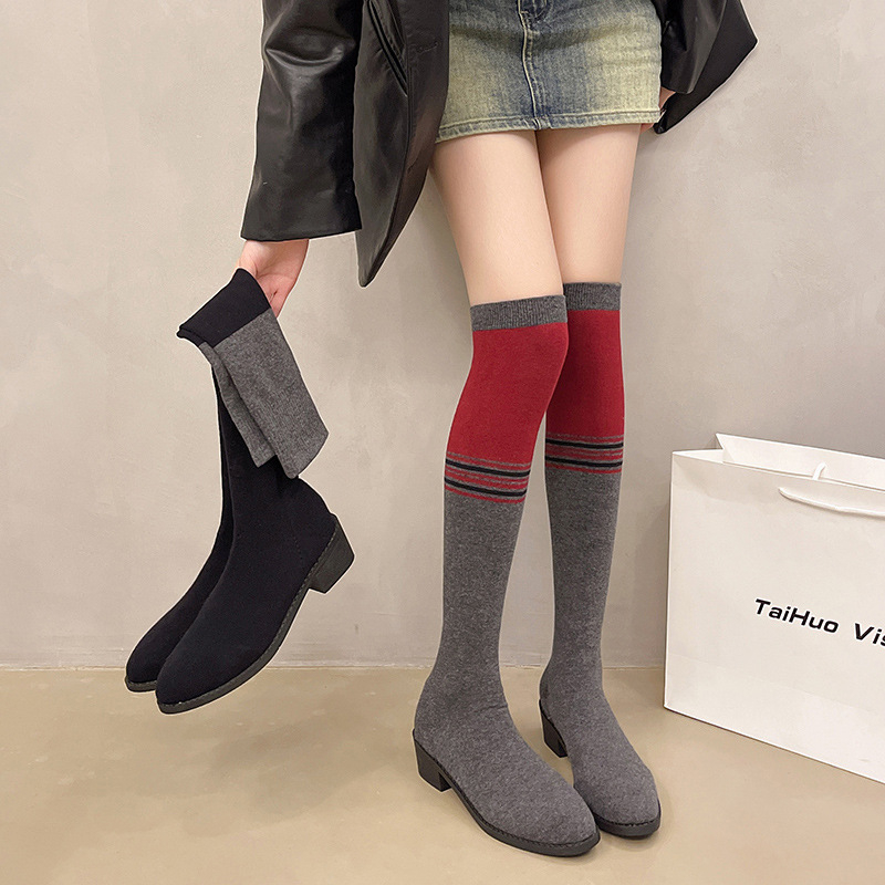 Őszi Stretch Csizma Női Kerek orrú Középsarkú Térdig érő Divatos Személyre szabott Zokni Csizma Koreai Stílusú Egyszerű Szexi Vékony Csizma
