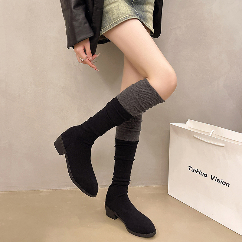 Őszi Stretch Csizma Női Kerek orrú Középsarkú Térdig érő Divatos Személyre szabott Zokni Csizma Koreai Stílusú Egyszerű Szexi Vékony Csizma