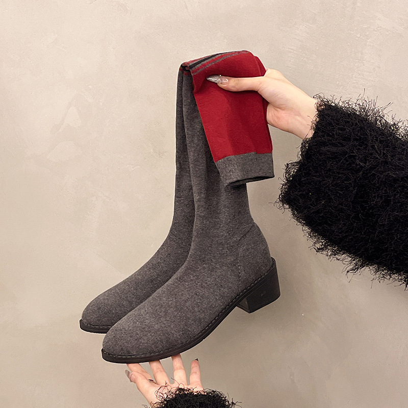 Őszi Stretch Csizma Női Kerek orrú Középsarkú Térdig érő Divatos Személyre szabott Zokni Csizma Koreai Stílusú Egyszerű Szexi Vékony Csizma